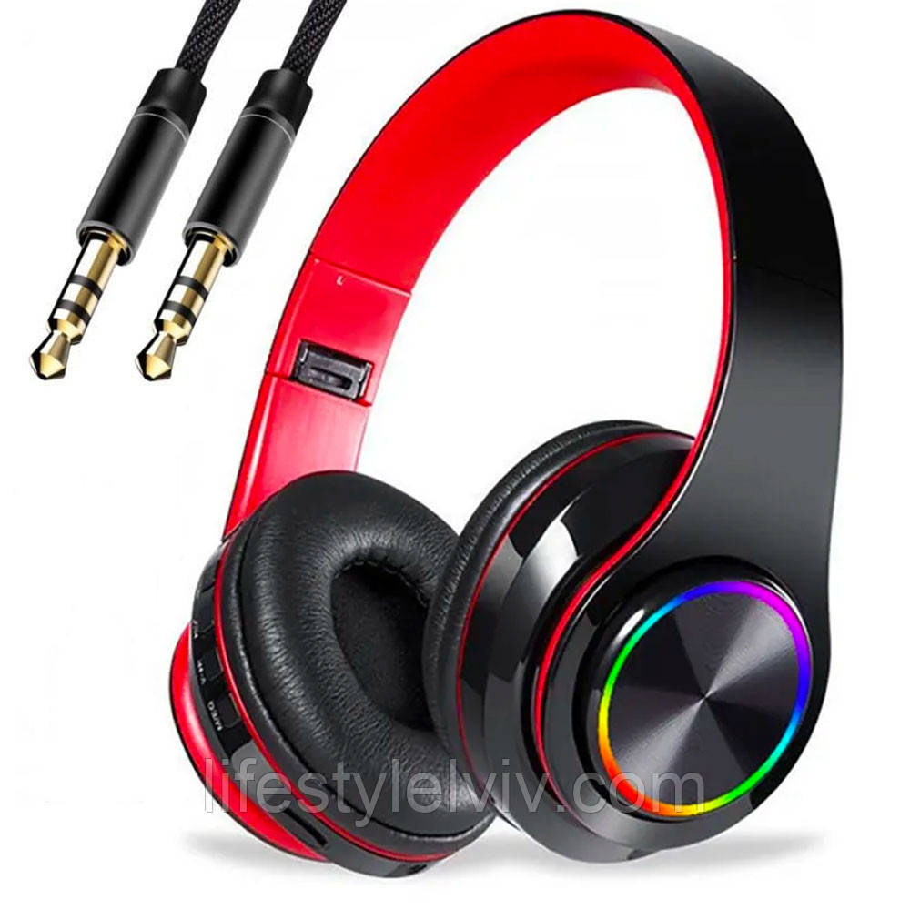 Бездротові навушники з мікрофоном B39 + AUX, Чорні з червоним / Bluetooth навушники з LED підсвічуванням, фото 1