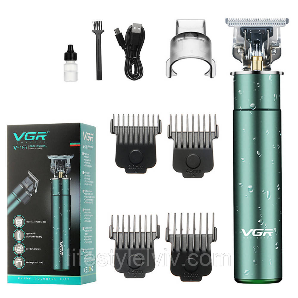 Акумуляторна машинка для стрижки волосся + 4 насадки VGR V-186 / Водонепроникний тример для стрижки бороди, фото 1