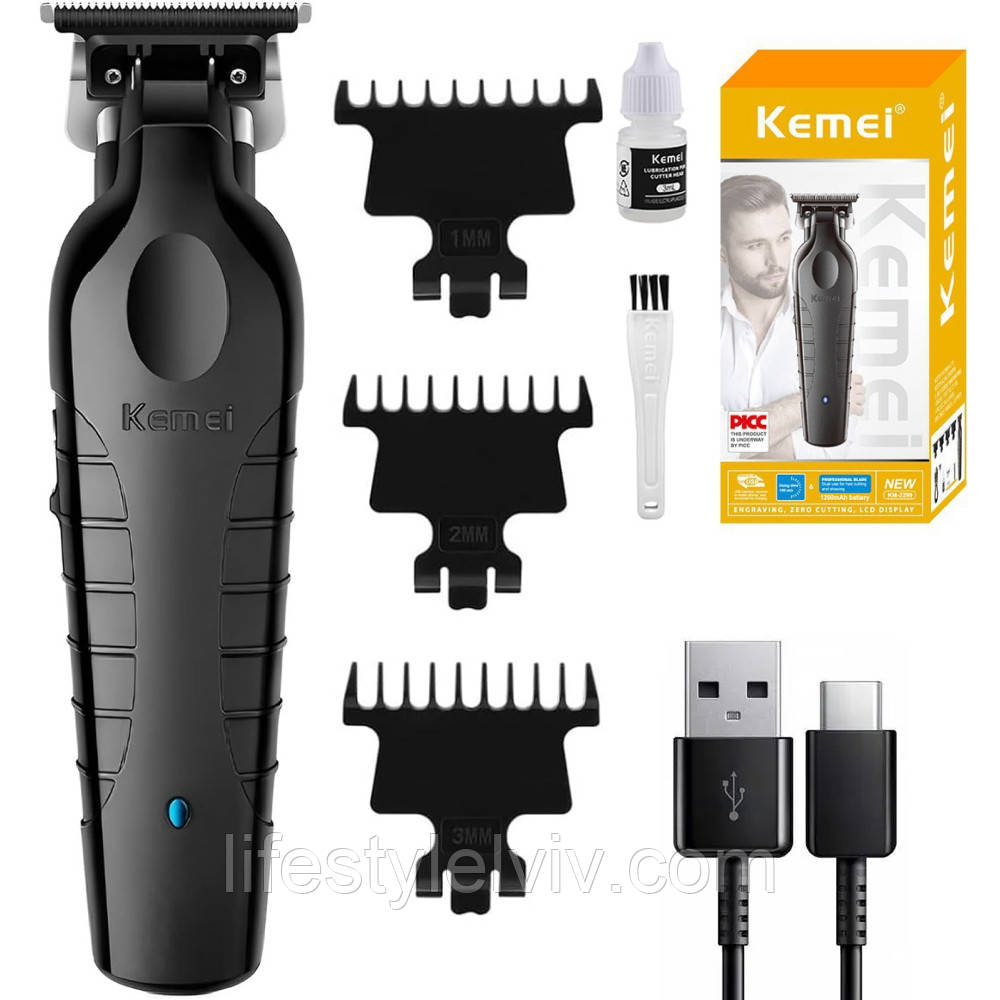 Акумуляторна машинка для стрижки + 3 насадки, USB, Kemei KM-2299 / Тример для бороди / Тример для стрижки, фото 1