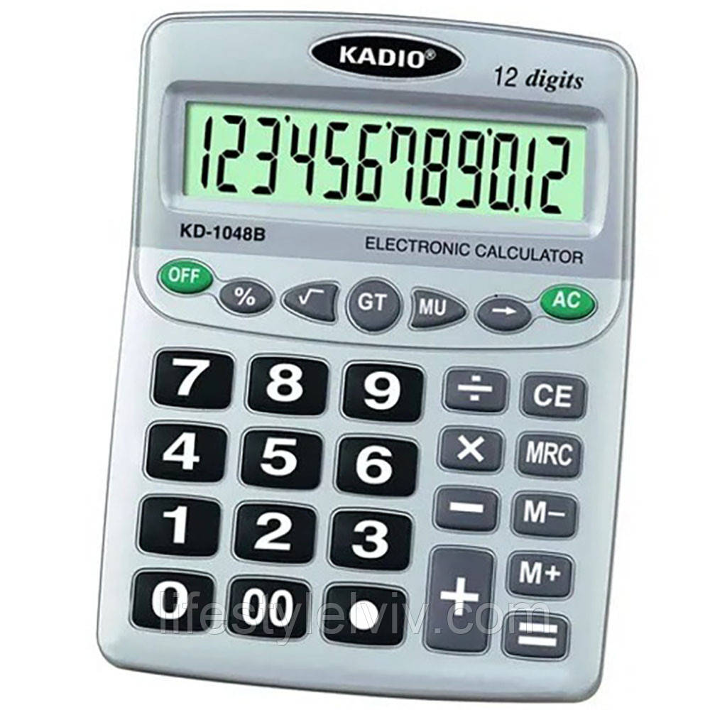 Калькулятор настільний 12-розрядний, від батарейки АА, Kadio KD-1048B / Бухгалтерський калькулятор, фото 1