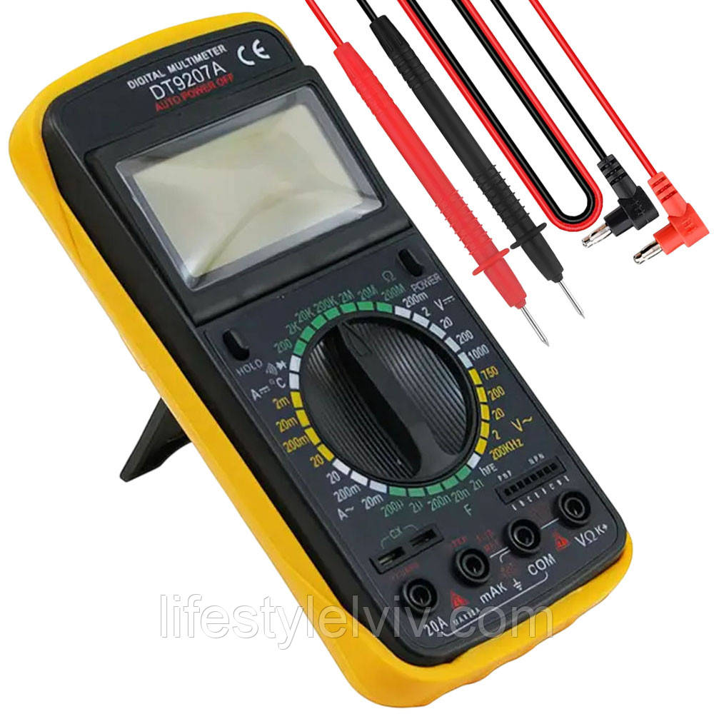 Цифровий мультиметр з термопарою (20А, 1000V, 200Ом) від батарейки, DT9207A / Токові кліщі / Тестер мультиметр, фото 1