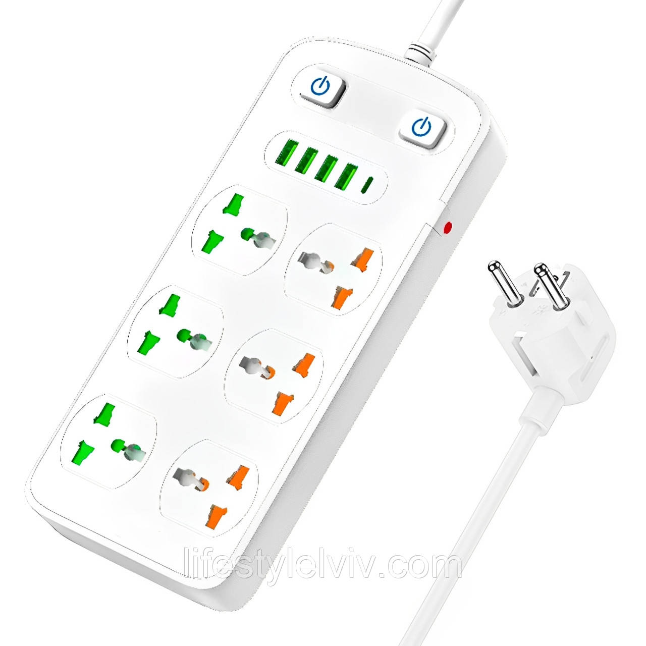 Мережевий фільтр 2 м, 2500 Вт, (6 розеток, 4xUSB, 1хType-C) AR CP05/подовжувач з вимикачем/переноска зі спіднсб, фото 1