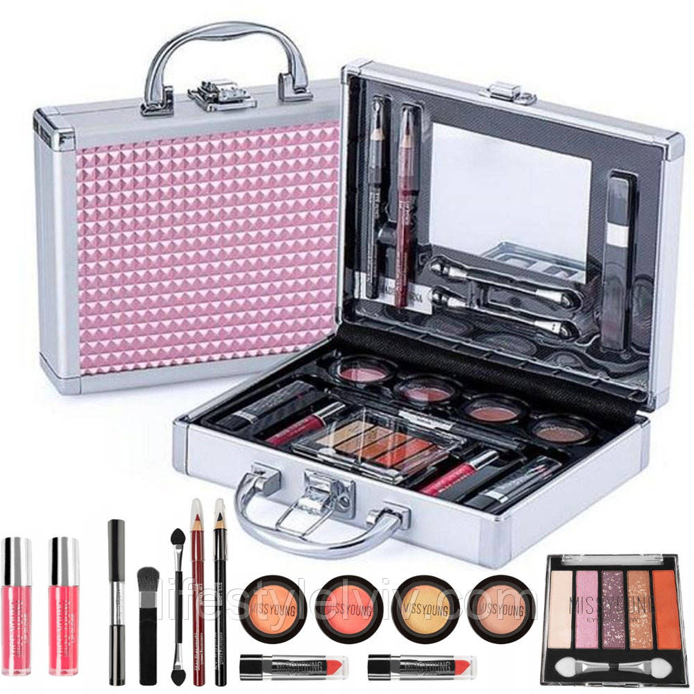 Набір косметики для макіяжу в кейсі 22 предметів, 20,5х16,9х5,3см, Рожевий / Косметичний набір для макіяжу, фото 1