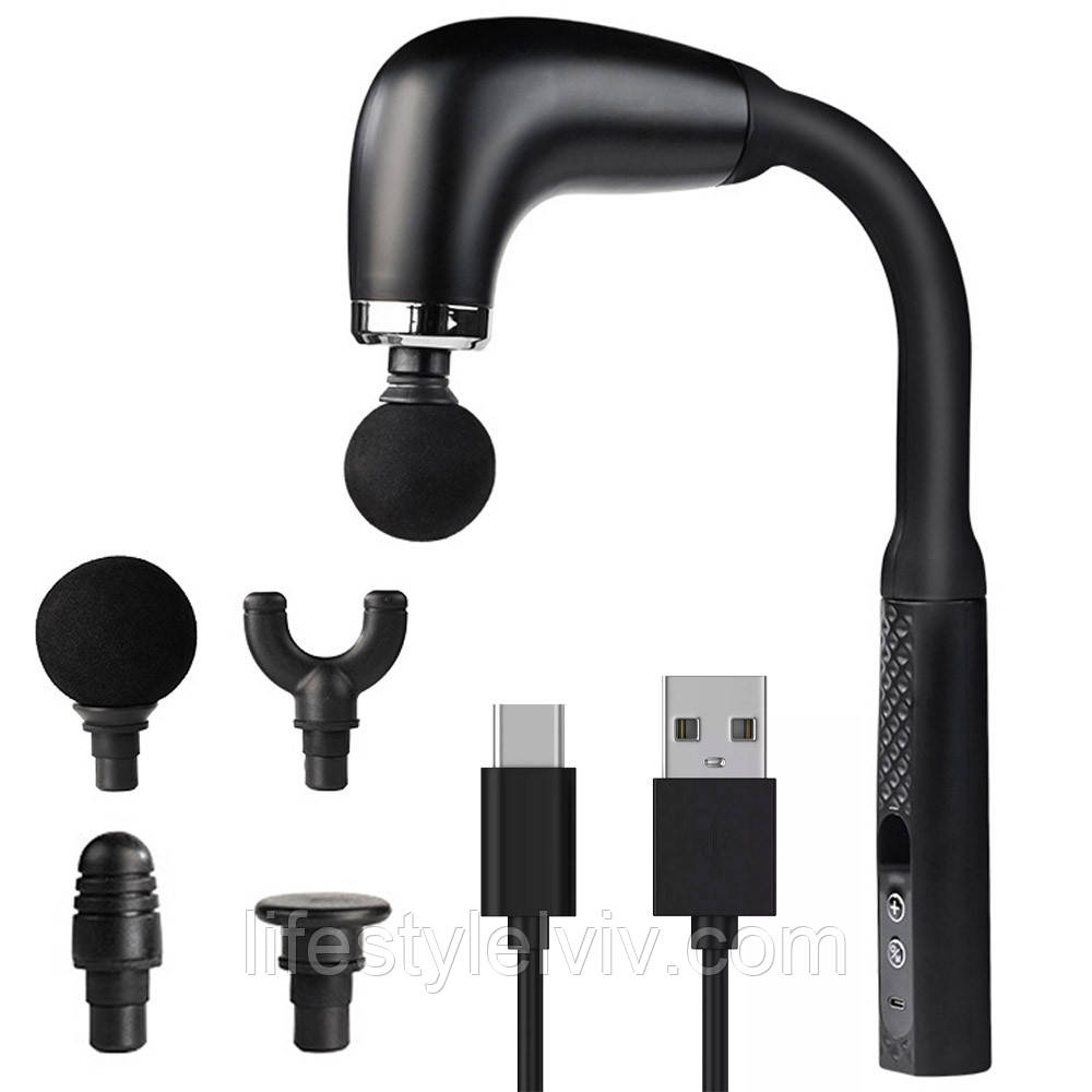 Перкусійний масажер для тіла + 4 насадки, від USB, Чорний / Акумуляторний масажер ручний / Вібромасажер, фото 1