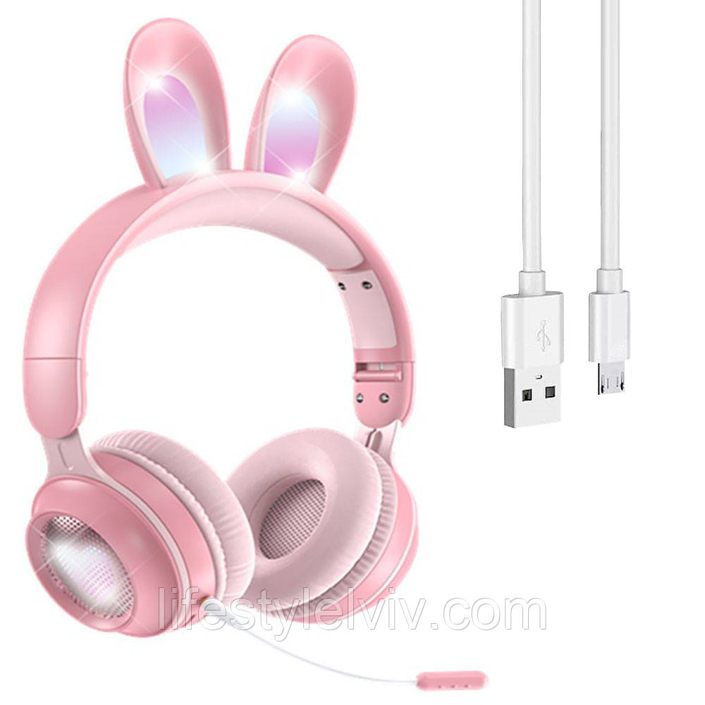 Бездротові навушники з вушками і підсвічуванням, KE-01, Рожевий / Bluetooth навушники / Дитячі блютуз навушники, фото 1