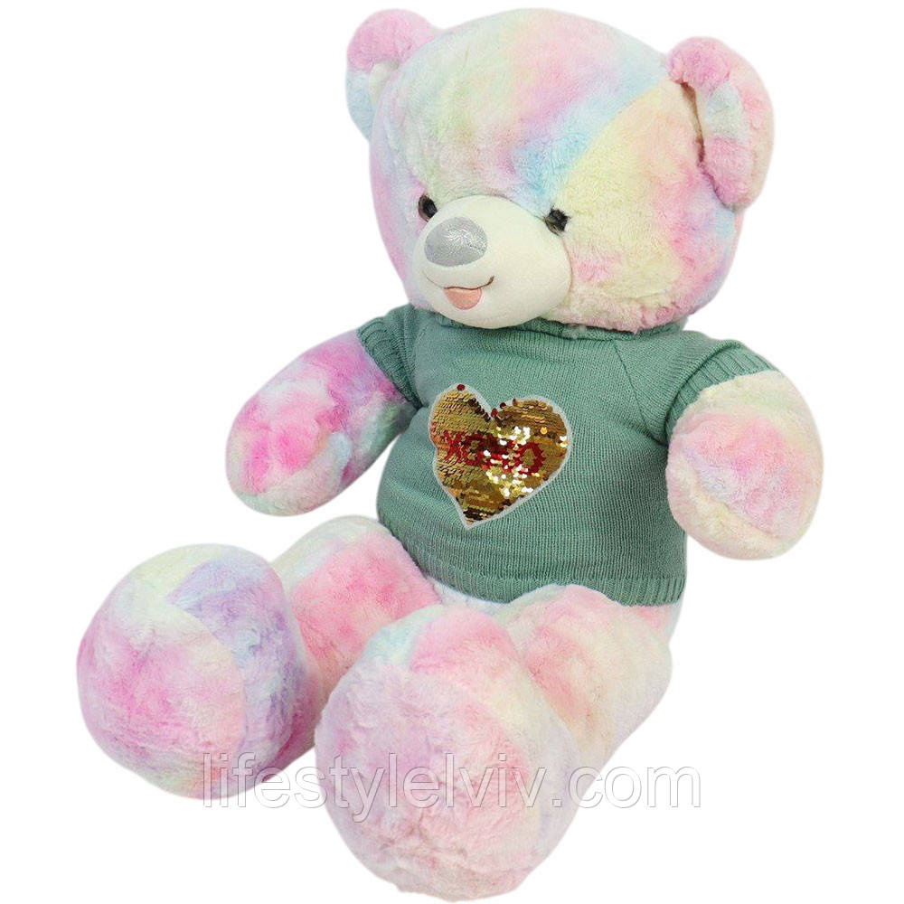 М'яка іграшка Ведмедик у светрі 80 см, Рожевий із зеленим / Плюшевий ведмедик м'який / Дитяча іграшка обіймашка, фото 1