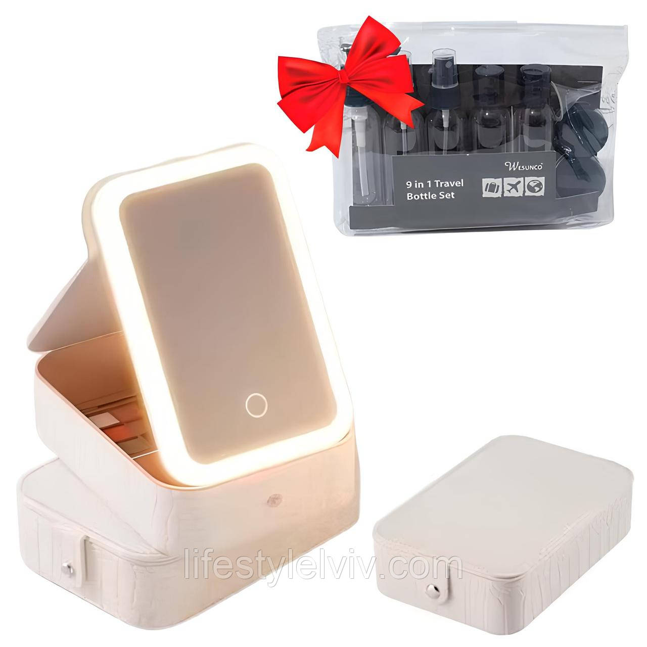 Дорожня косметичка з дзеркалом + Подарунок Набір дорожніх ємностей 9в1 / Косметичка-органайзер, фото 1