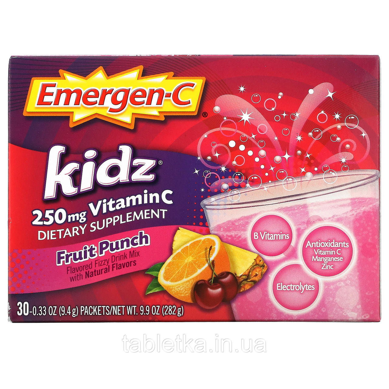 Emergen-C, Kidz, суміш для газованих напоїв зі смаком вітаміну C, фруктовий пунш, 250 мг, 30 пакетиків по
