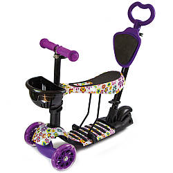 Дитячий самокат з сидінням та підсвіткою коліс, до 60 кг, Квіти / Триколісний самокат з батьківською ручкою