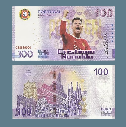 Сувенірна банкнота 100 Euro євро "Кріштіану Роналду" (червона футболка). Китай, фото 1