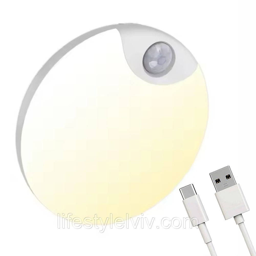 Круглий світильник з датчиком руху 8х8х2,4см, USB / Лампа з датчиком руху / Настінний світильник, фото 1