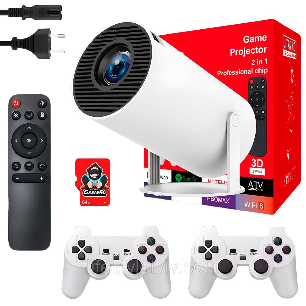 Смарт проектор 4К + 2 джойстика + Пульт + Карта 64Гб, HY300 PRO MAX / Ігровий проектор / Проектор андроїд, фото 1
