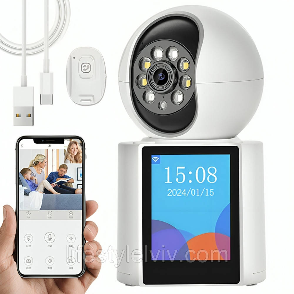 Поворотна камера відеоспостереження + пульт, 3мп, WIFI, екран 2,8", V1-20C / Вайфай камера / Відеоняня, фото 1