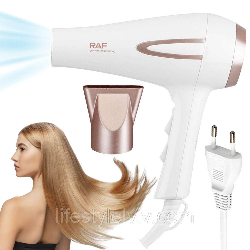 Фен для сушіння волосся 2200 Вт + концентратор, 3 режими, RAF R408B, Білий/ Потужний фен для укладання волосся, фото 1