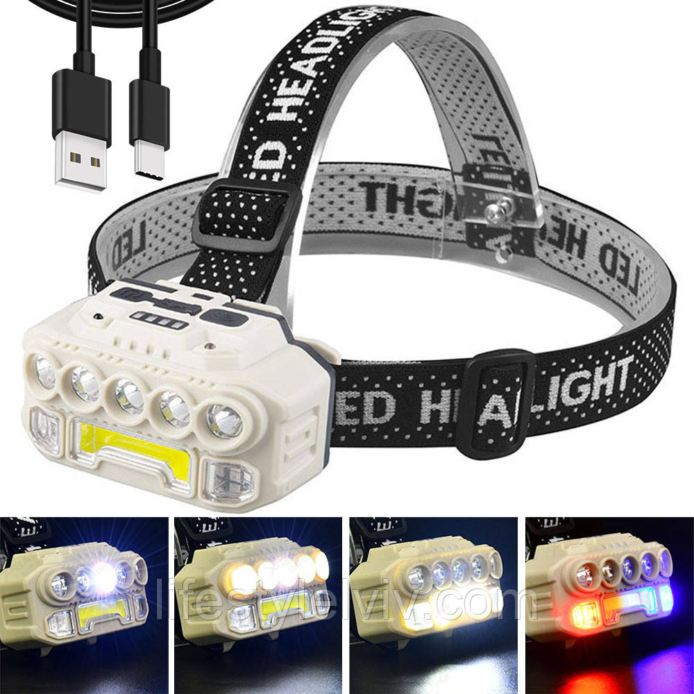 Налобний ліхтар акумуляторний COB+5LED, сенсорне ввімкнення, HX 817 / Світлодіодний ліхтарик на голову, фото 1