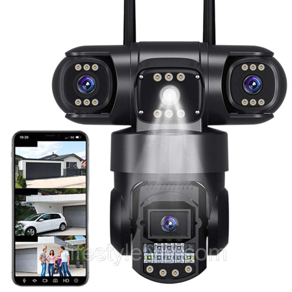 Вулична камера спостереження WIFI, 3 об'єктиви, 6МР, SC28 / Поворотна камера з датчиком руху / IP камера, фото 1