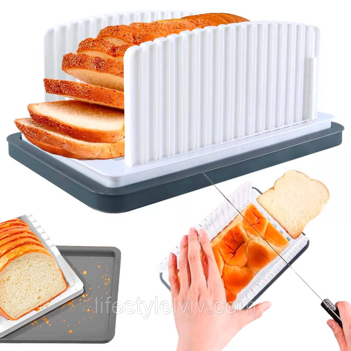 Ручна хліборізка з піддоном (34,5×17×14,5см) / Хліборізка настільна / Хліборізка для дому, фото 1