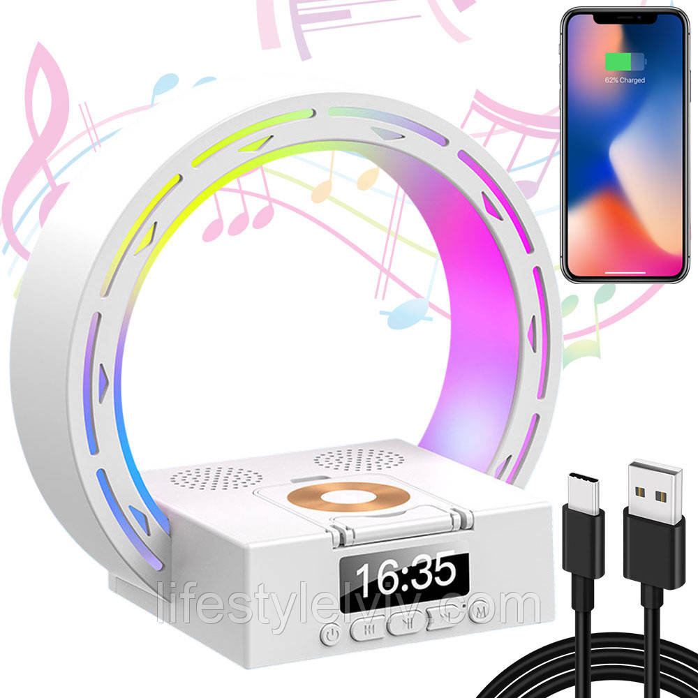 Лампа-нічник із бездротовою зарядкою 35 Вт, Bluetooth, USB, L-35, Білий/ Колонка нічник/Бездротова зарядка, фото 1