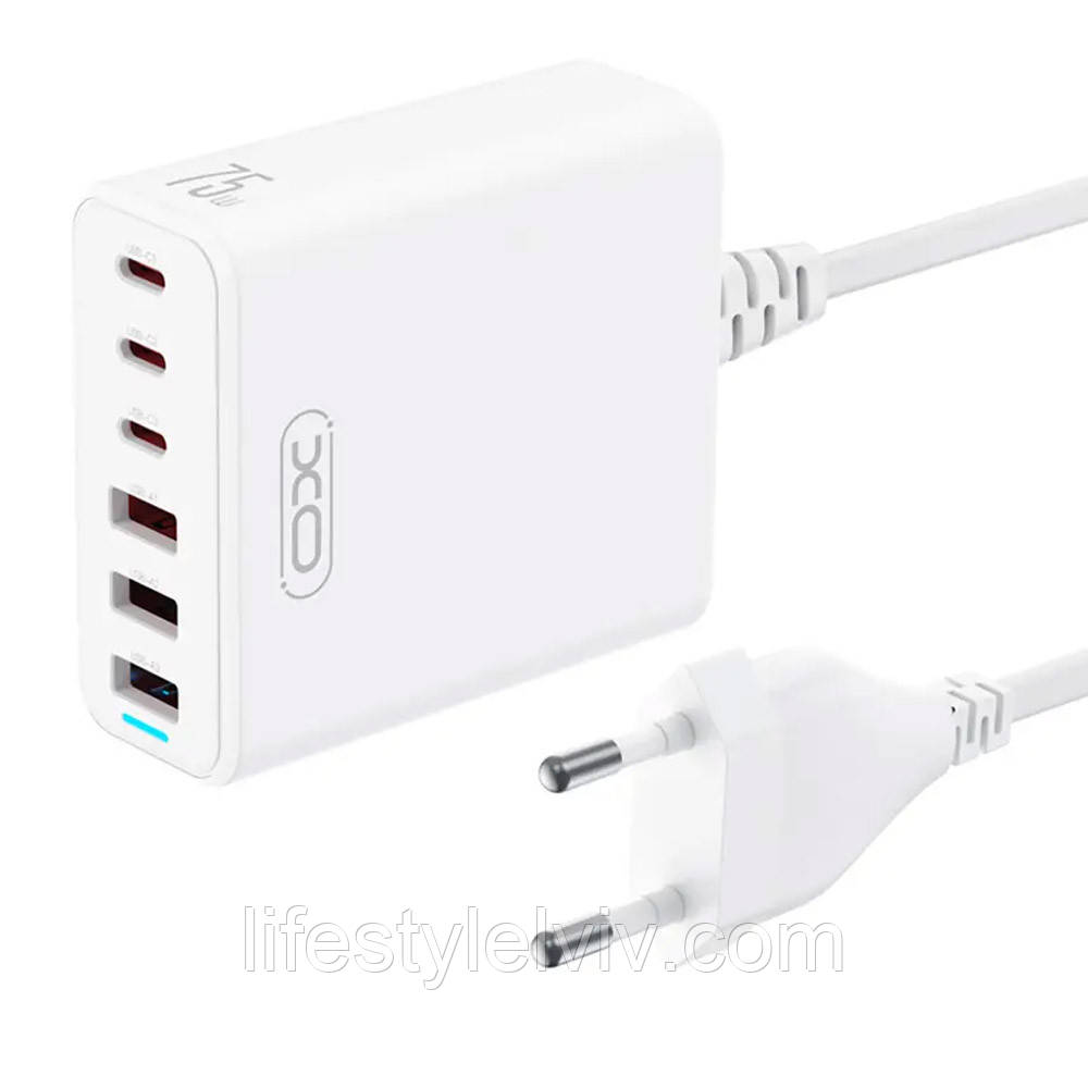 Мережевий зарядний пристрій 75W, 3xUSB, 3xType-C, XO L133 / Зарядка для телефону / Блок живлення для смартфону, фото 1