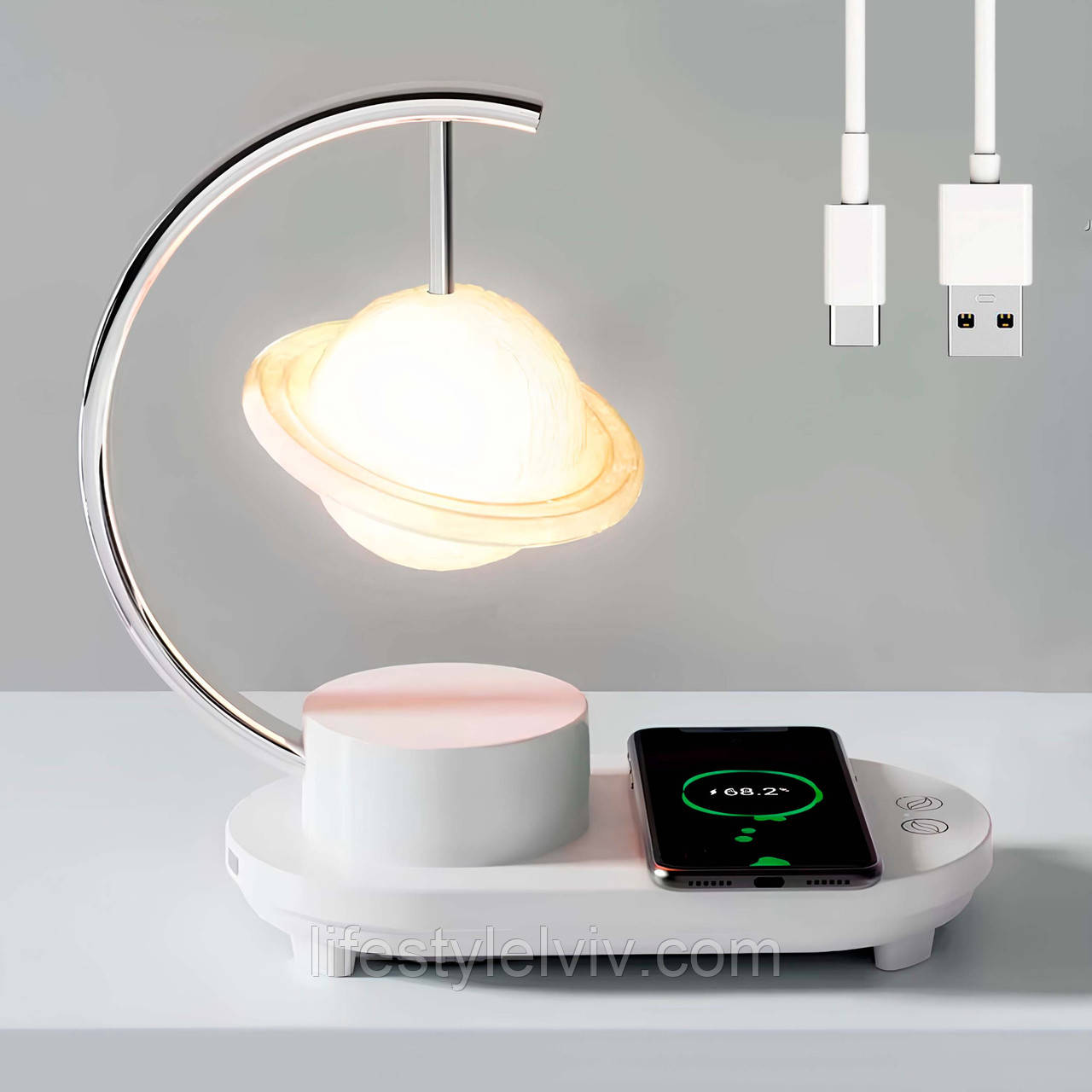 Лампа нічник з бездротовою зарядкою (26×24×13см), від USB, Сатурн / Лампа з зарядкою / Настільний світильник, фото 1