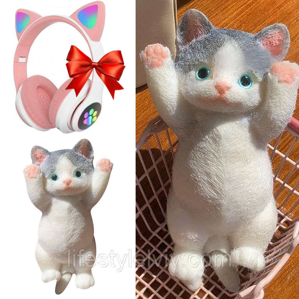 Іграшка антистрес Пухнастий котик 17см + Подарунок Навушники VZV-23M / Таба сквіш / Сквіш котик антистрес, фото 1