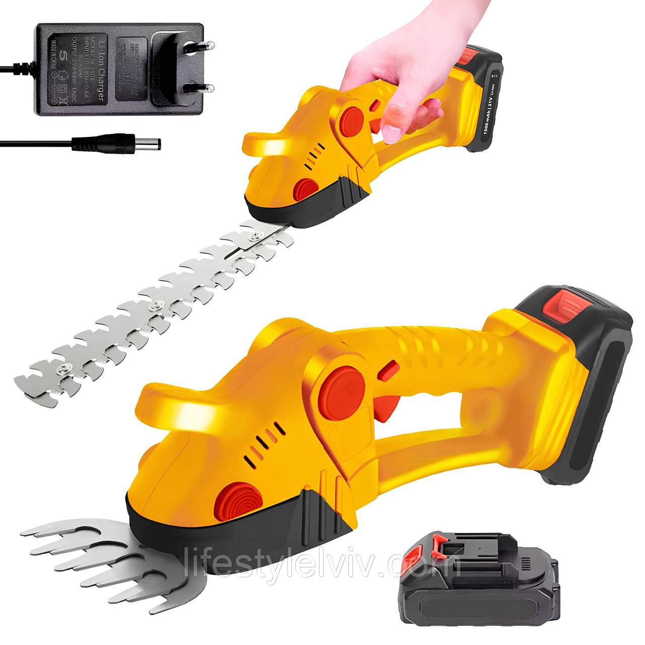 Акумуляторний кущоріз + 2 насадки + АКБ 5Аг 1шт / Ножиці для стрижки кущів / Акумуляторні ножиці, фото 1