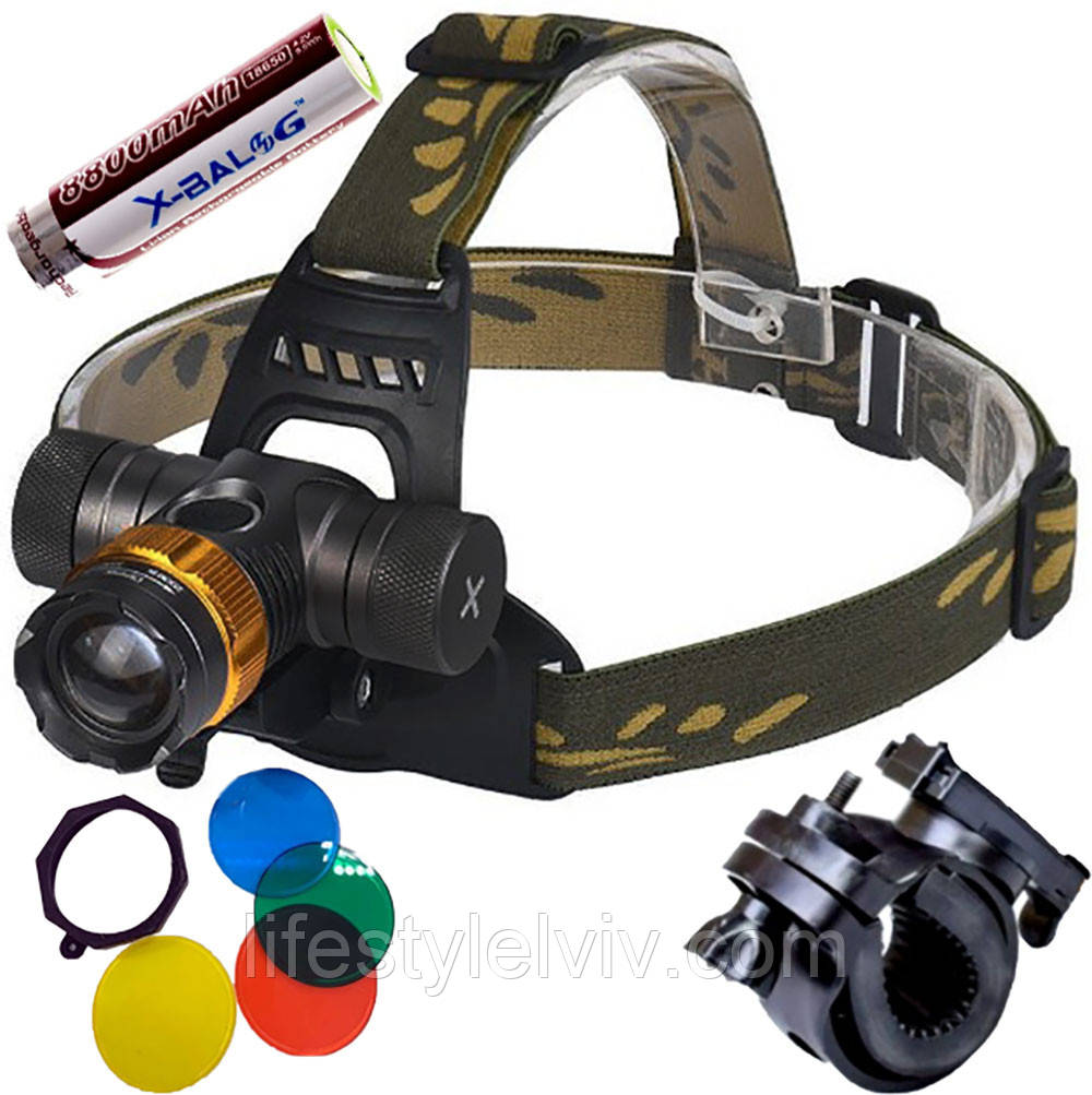 Налобний ліхтар з Zoom, 1х18650 + 4 фільтри / Акумуляторний ліхтар на лоб / Світлодіодний ліхтарик налобний, фото 1
