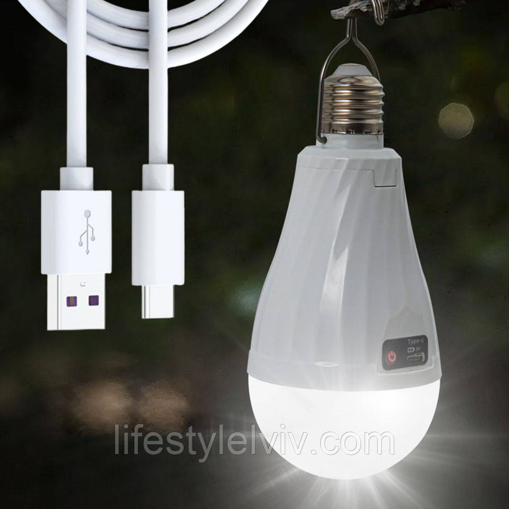 Акумуляторна лампа з гачком 30Вт, Е27 + 2 акумулятори, USB / Лампочка з акумулятором / Кемпінгова лампа, фото 1