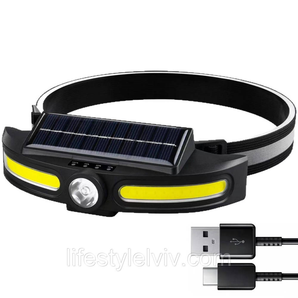 Налобний ліхтарик із сонячною панеллю, від USB, 4 режими, JS-921 / Акумуляторний ліхтарик на голову, фото 1