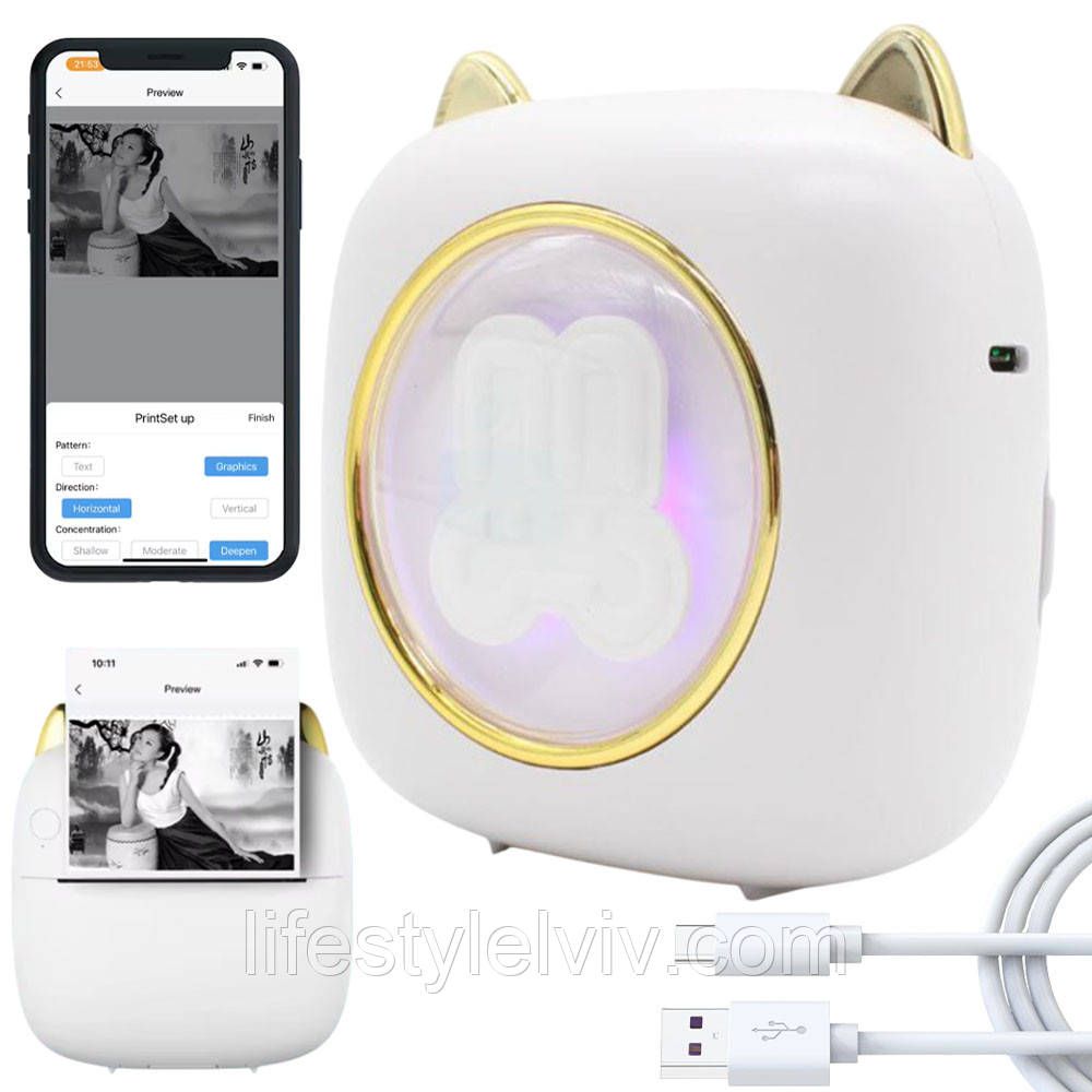 Дитячий термопринтер з RGB підсвічуванням, Bluetooth + 1 рулон паперу, з USB / Міні принтер / Принтер для телефону, фото 1