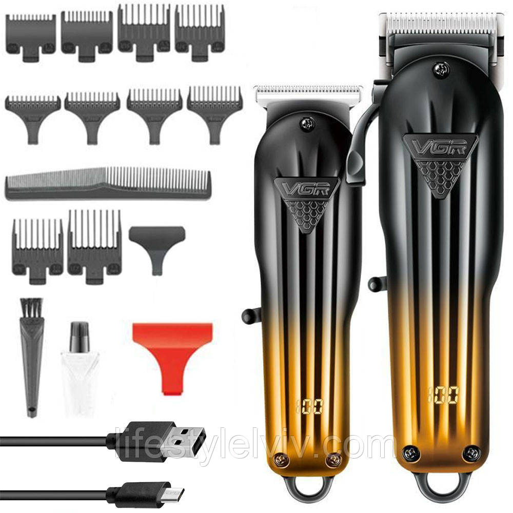 Комплект для стрижки 2в1 + 10 насадок, V-646 / Акумуляторна машинка для стрижки / Тример для стрижки волосся, фото 1