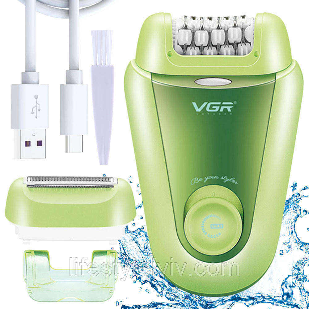 Акумуляторний епілятор + 2 насадки, USB, V-758 / Електроепілятор / Електробритва жіноча / Депілятор для ніг, фото 1