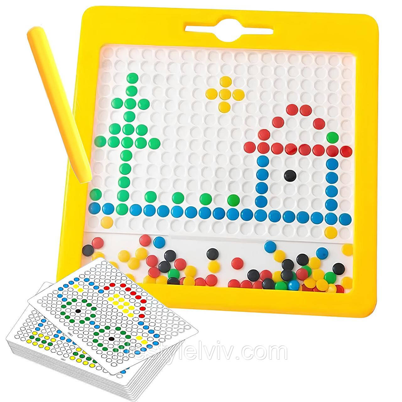Магнітна дошка мозаїка зі стілусом, 32х32см / Дитяча магнітна мозаїка / Дошка для малювання з магнітами, фото 1