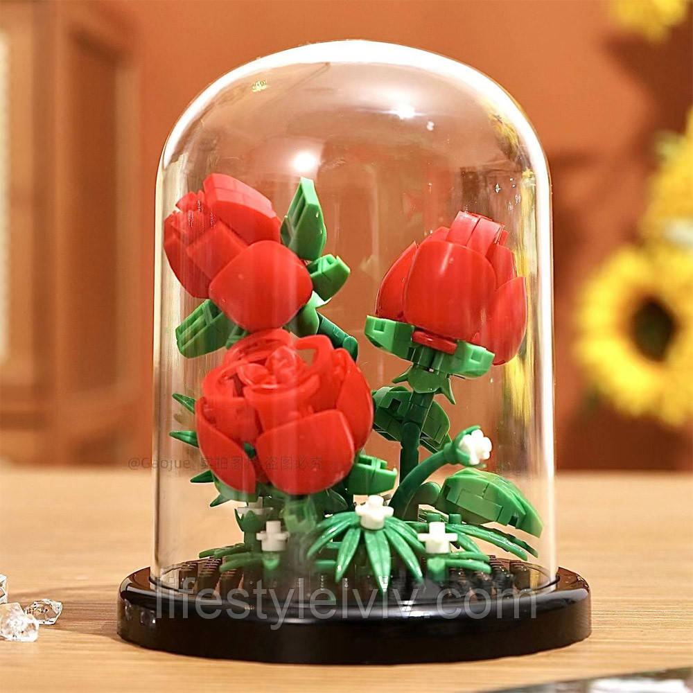 Конструктор Квіти в колбі, 10,5х8,6см, Троянди червоні / Дитячий конструктор / Квітка з конструктора, фото 1