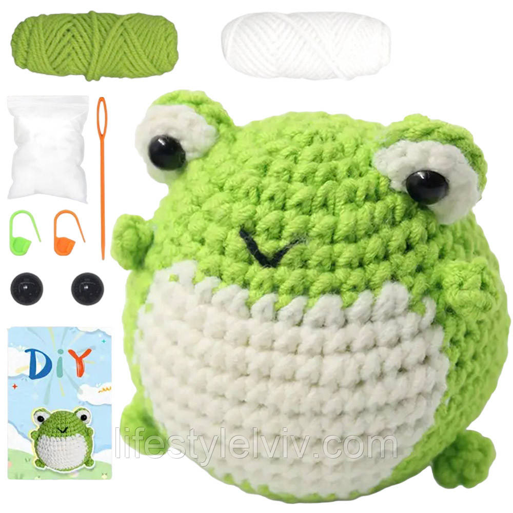 Набір для в'язання іграшки Жаба, 5,8см / Стартовий набір для в'язання гачком з пряжі, фото 1