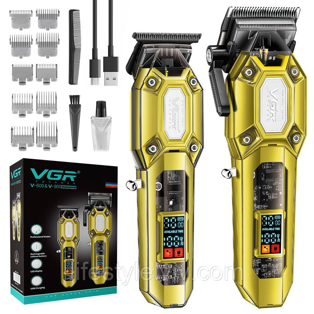 Комплект для стрижки 2в1 + 10 насадок, з USB, VGR V-600&900 / Машинка для стрижки волосся / Чоловічий тример, фото 1