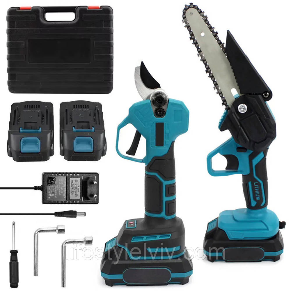 Комплект 2в1 (ланцюгова пила, секатор) + 2 АКБ 48V, в кейсі / Акумуляторна міні пила / Садовий секатор, фото 1