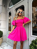 Женское летнее однотонное яркое платье софт с открытыми плечами короткий рукав с рюшами свободная юбка