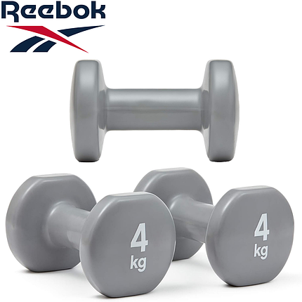 Гантелі для фітнесу гантелі гантелі спортивні нерозбірні фітнес гантелі вініл Reebok Dumbbells 2 шт по 4 кг сірі, фото 1