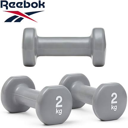 Гантелі для фітнесу гантелі гантелі спортивні нерозбірні фітнес гантелі вініл Reebok Dumbbells 2 шт по 2 кг сірі, фото 1