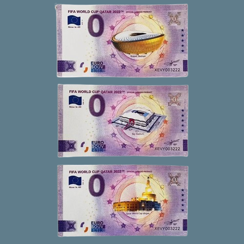 Набір сувенірних банкнот 0 Euro 0 євро Місця Чемпіонату світу з футболу 2022. World Cup Qatar — 3 банкноти, фото 1