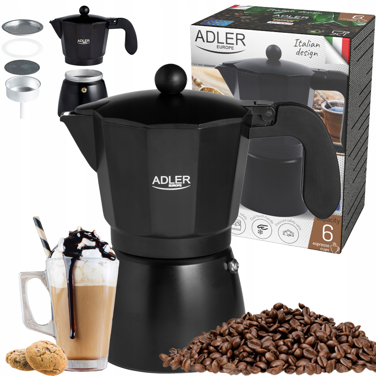 Кавоварка еспресо Adler AD 4421 — 6 чашок, алюмінієвий корпус, фото 1