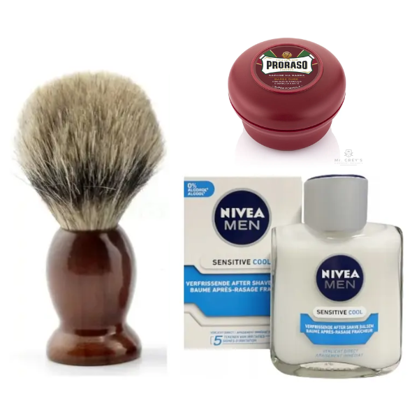 Помазок Schima борсук + Proraso мило для жорсткої щетини сандал 150 мл + бальзам після гоління Nivea Men Sensitive 100 мл, фото 1