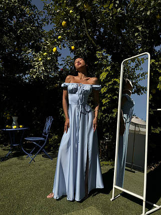 Сатинова жіноча сукня максі Лоа 02 з відкритими плечима та розрізом Smdi8366, фото 1