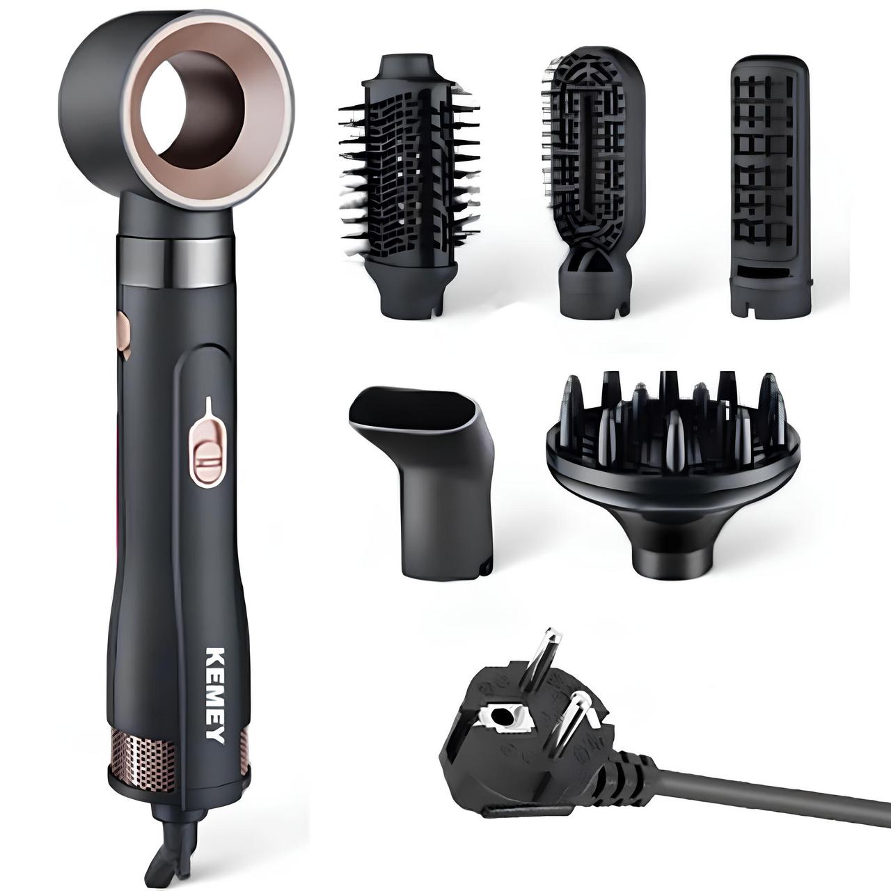 Фен стайлер для волосся 1000W, 6 насадок, KEMEY KM-9205 / Стайлер-браш для укладання волосся / Фен щітка для волосся, фото 1