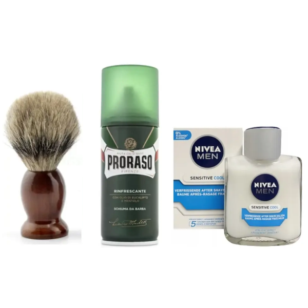 Помазок Schima з ворсом борсука + Proraso піна тонізуюча 50 мл + Бальзам після гоління Nivea Men Sensitive Cooling 100 мл