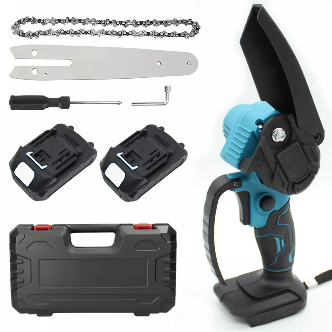 Акумуляторна пила 6" в кейсі + 2 акумулятори / Міні пила ланцюгова для обрізки гілок / Ручна електропила, фото 1