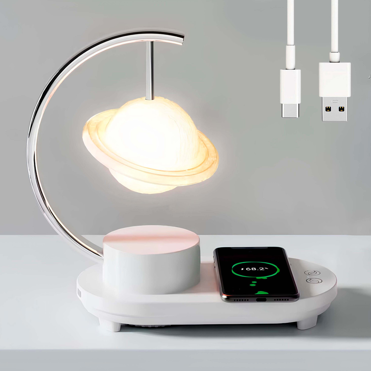 Лампа нічник з бездротовою зарядкою (26×24×13см), від USB, Сатурн / Лампа з зарядкою / Настільний світильник, фото 1