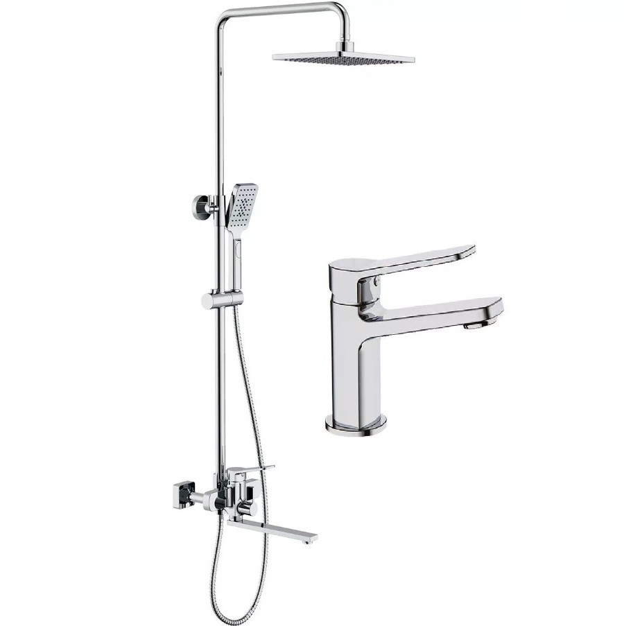 Набір душова система 3 в 1 з тропічним і ручним душем і змішувачем на умивальник Frap F2461 квадратна хром, фото 1