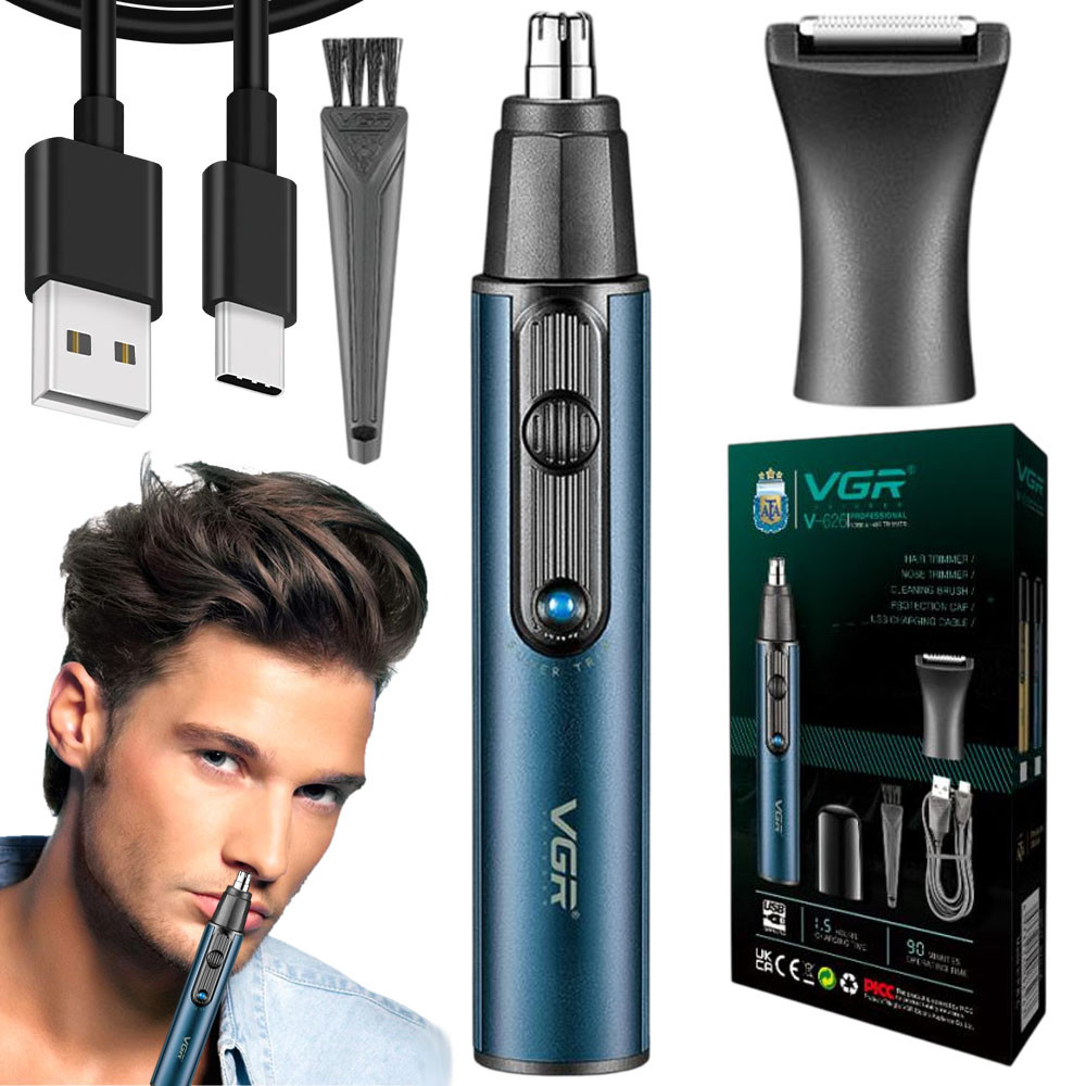 Акумуляторний тример для носа та вух + 2 насадки, IPX4, з USB, V-626 / Бритва для носа / Машинка для носа, фото 1